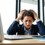 **

A person looking refreshed and energized at their desk after a short nap. The background shows a blurred image of a stressed person with their head in their hands. Focus on the contrast between the two figures, highlighting the positive impact of a nap on focus and productivity. The environment could be a modern, bright office space.

**