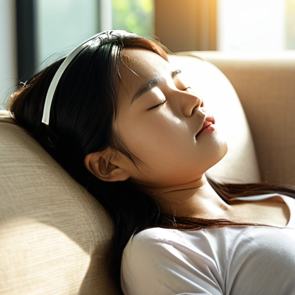 **

A serene, softly lit scene of a young Vietnamese woman taking a "power nap" on a comfortable sofa. She has an eye mask on, and soft sunlight streams through a nearby window. In the background, a blurred image of a modern office can be seen, implying she's taking a break from work. The overall feeling is peaceful and rejuvenating. Focus on conveying the idea of recharging and stress reduction.

**