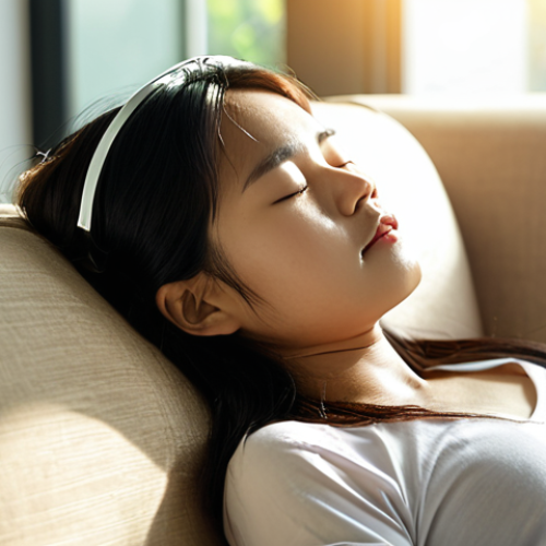 Home 6 **
A serene, softly lit scene of a young Vietnamese woman taking a "power nap" on a comfortable sofa. She has an eye mask on, and soft sunlight streams through a nearby window. In the background, a blurred image of a modern office can be seen, implying she's taking a break from work. The overall feeling is peaceful and rejuvenating. Focus on conveying the idea of recharging and stress reduction.
**
