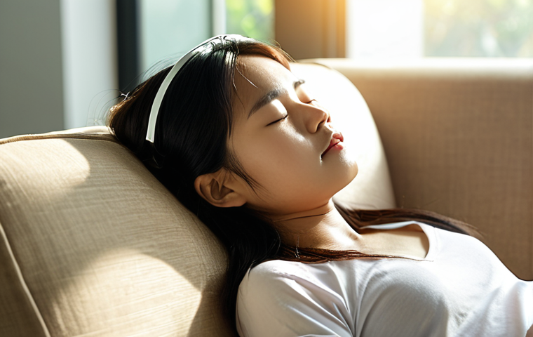 **
A serene, softly lit scene of a young Vietnamese woman taking a "power nap" on a comfortable sofa. She has an eye mask on, and soft sunlight streams through a nearby window. In the background, a blurred image of a modern office can be seen, implying she's taking a break from work. The overall feeling is peaceful and rejuvenating. Focus on conveying the idea of recharging and stress reduction.
**