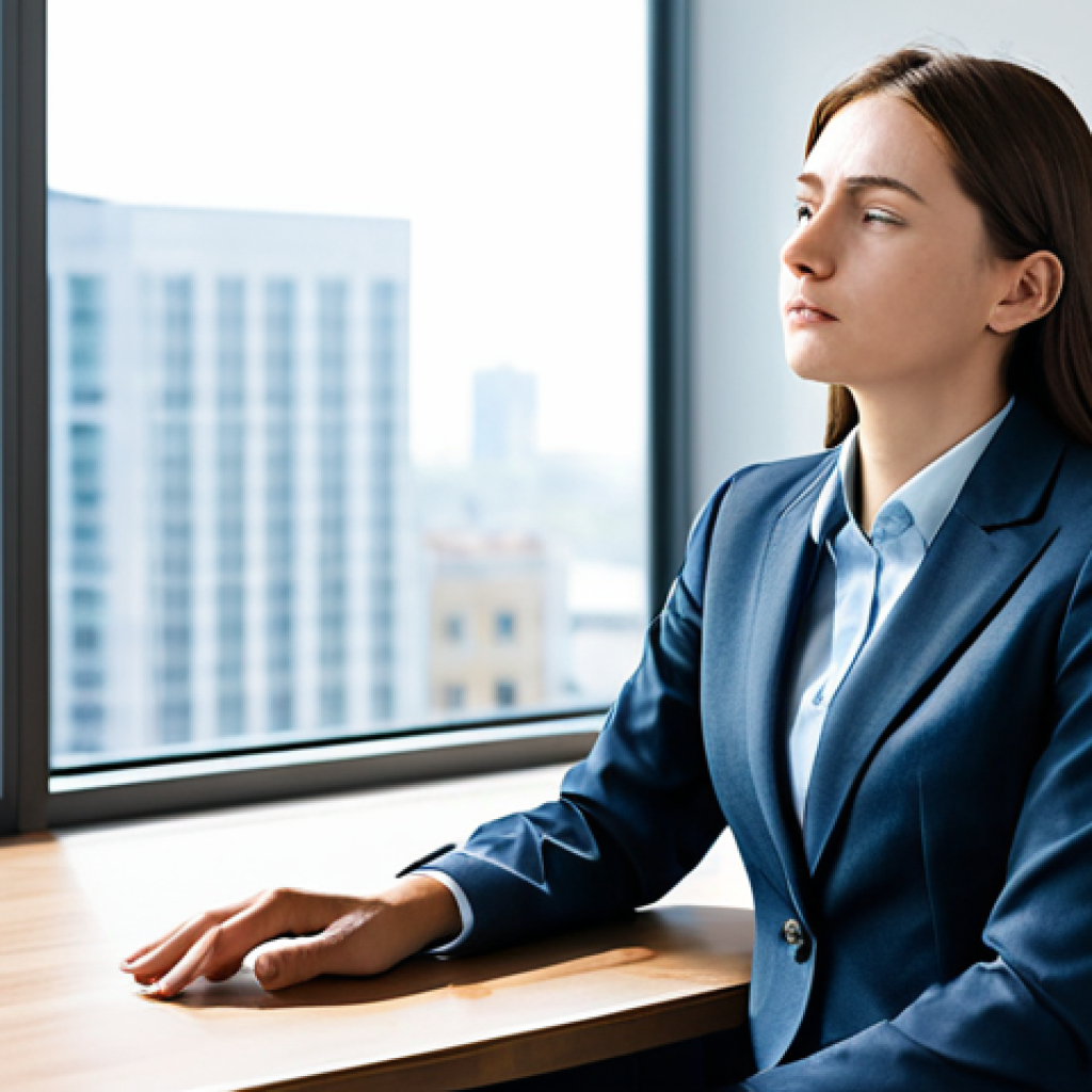A professional individual in a modest, tailored business suit, sitting at a modern, minimalist desk in a well-lit corporate office. The person appears calm, highly focused, and alert, having just woken up from a refreshing short nap. Natural lighting highlights their composed expression. The background features a subtle city view through a large window, conveying an urban professional environment. Professional photography, high-resolution, clear details, perfect anatomy, correct proportions, natural pose, well-formed hands, proper finger count, natural body proportions, safe for work, appropriate content, fully clothed, professional dress, modest.