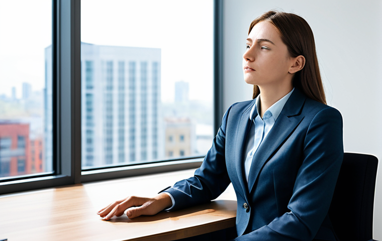 A professional individual in a modest, tailored business suit, sitting at a modern, minimalist desk in a well-lit corporate office. The person appears calm, highly focused, and alert, having just woken up from a refreshing short nap. Natural lighting highlights their composed expression. The background features a subtle city view through a large window, conveying an urban professional environment. Professional photography, high-resolution, clear details, perfect anatomy, correct proportions, natural pose, well-formed hands, proper finger count, natural body proportions, safe for work, appropriate content, fully clothed, professional dress, modest.