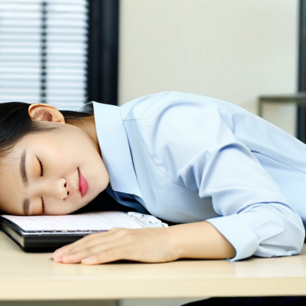 낮잠의 효과를 극대화하는 기법 - Power Nap - Office Setting**
A young Vietnamese woman in a modest office outfit (áo sơ mi and quần ...