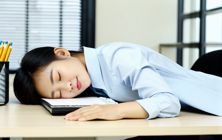낮잠의 효과를 극대화하는 기법 - Power Nap - Office Setting**
A young Vietnamese woman in a modest office outfit (áo sơ mi and quần ...