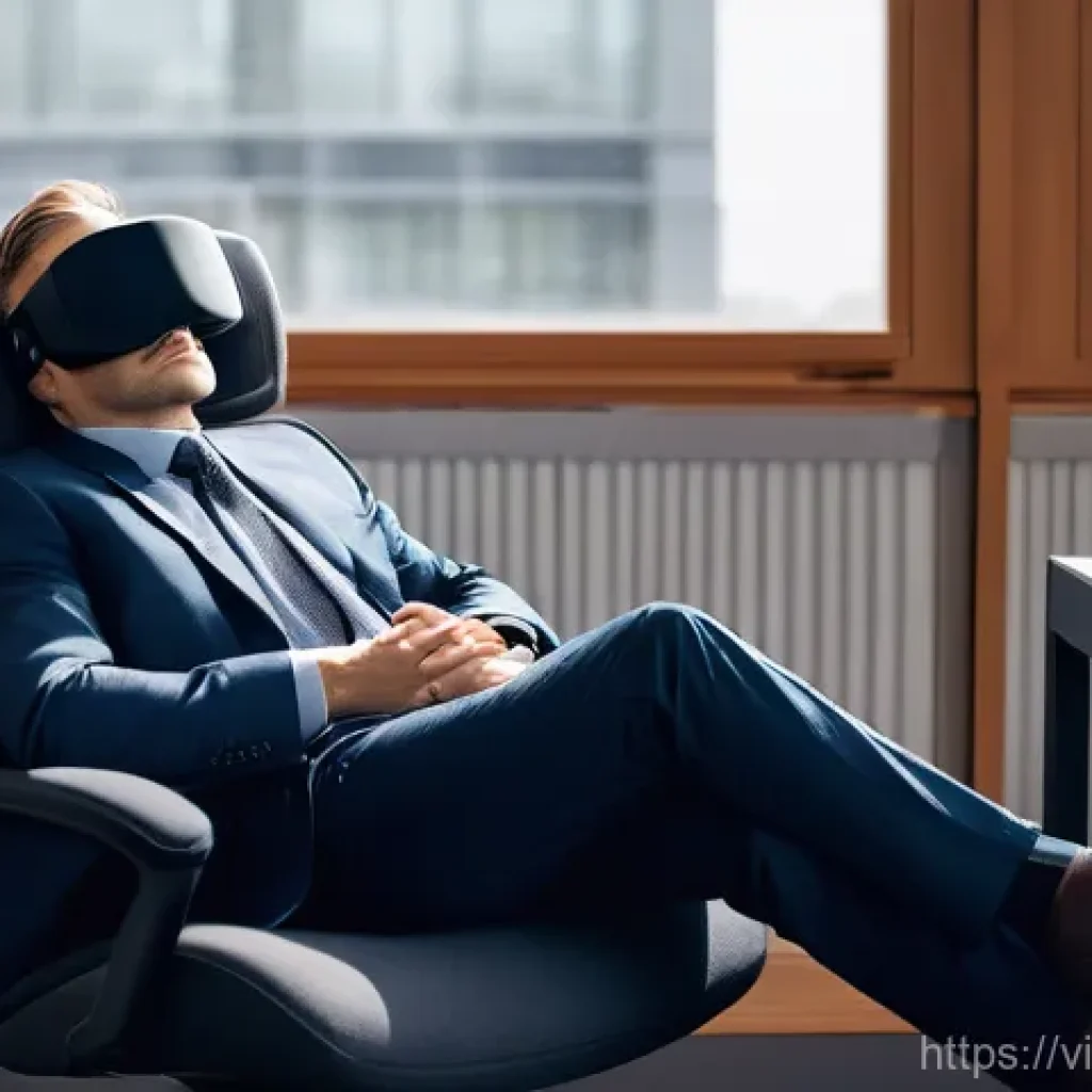 낮잠의 영향력 있는 사례 연구 - **A professional office worker, mid-day, is taking a power nap in a comfortable, modern office setti...
