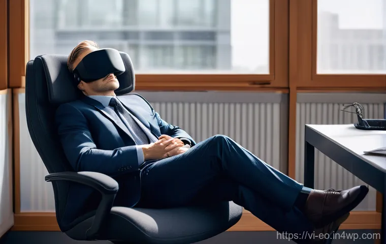 낮잠의 영향력 있는 사례 연구 - **A professional office worker, mid-day, is taking a power nap in a comfortable, modern office setti...