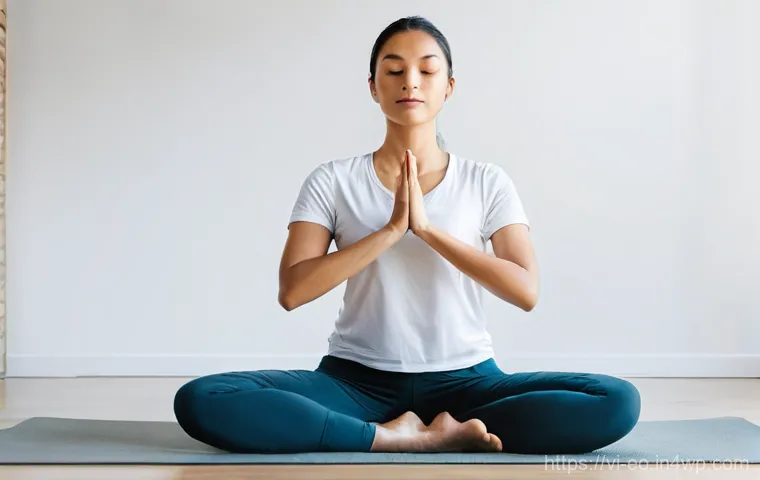 낮잠을 도와주는 간단한 호흡법 - **Prompt: Focused Diaphragmatic Breathing for Calmness**
    A person, gender-neutral, is sitting on...