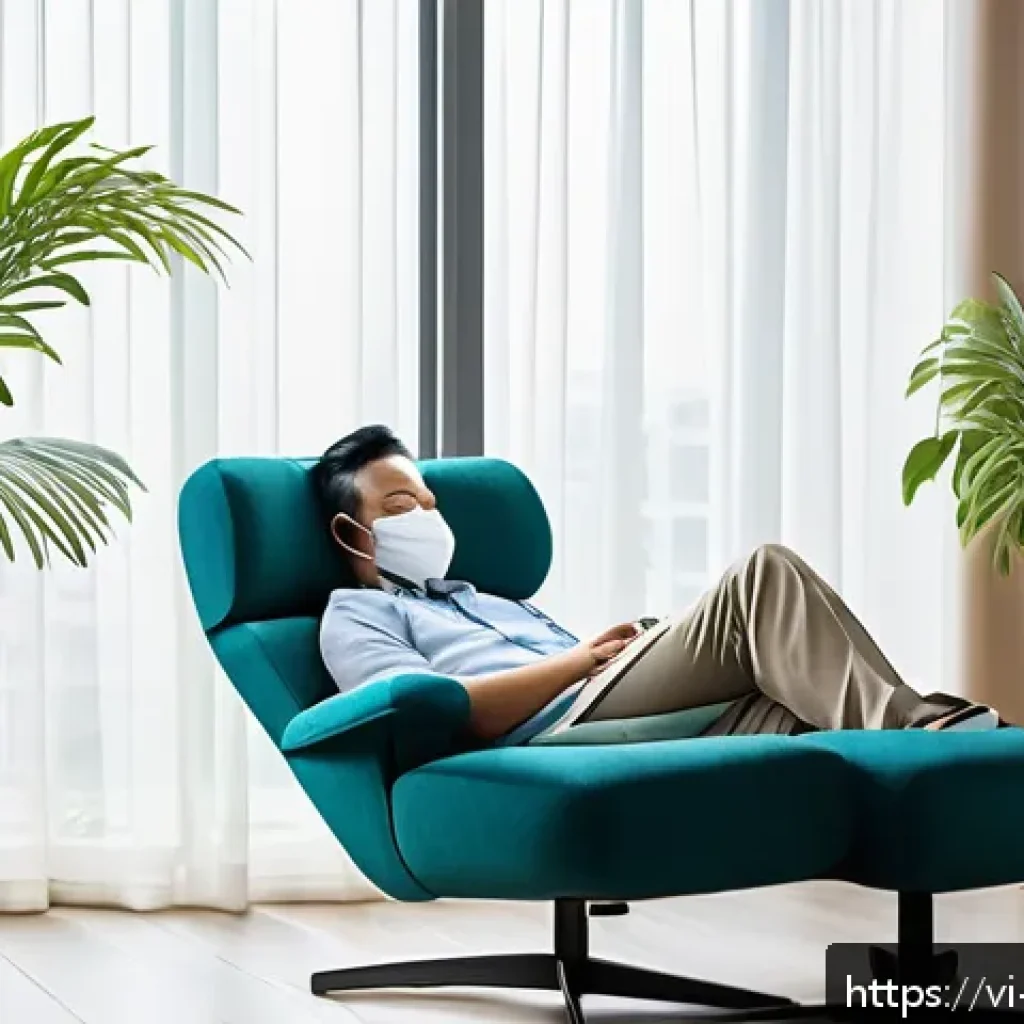 낮잠을 통한 집중력 유지 방법 - A cozy, quiet office nap corner in a modern Vietnamese workplace setting during early afternoon, fea...