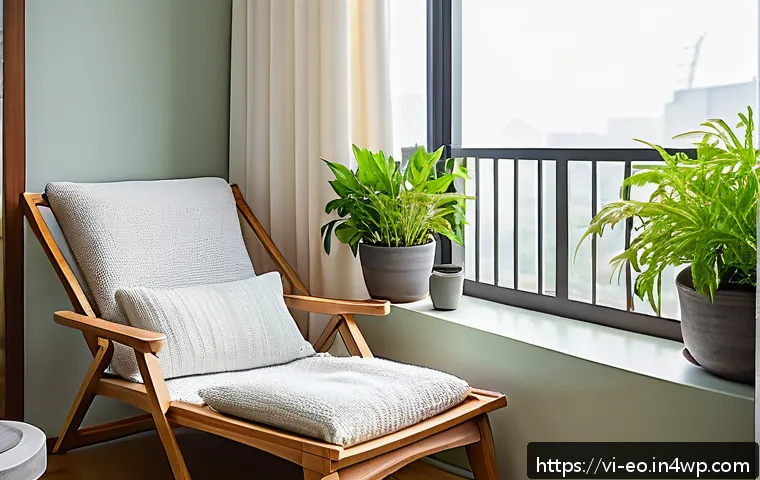 낮잠을 위한 편안한 공간 조성 - A cozy, quiet indoor balcony corner designed for a Vietnamese apartment, featuring soft natural ligh...